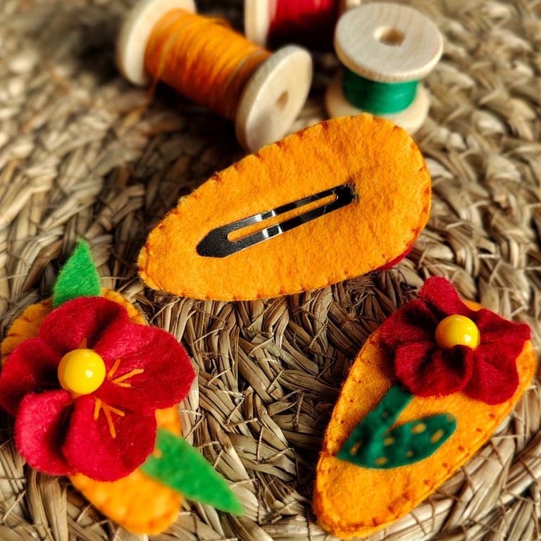 Red Felt Flower Hair Clips – Set of 3 – Handmade Floral Hair Accessories