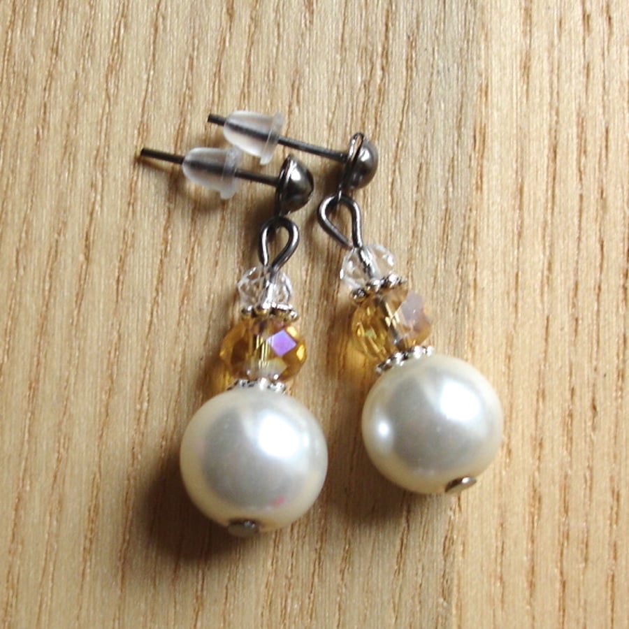 Cute Sparkle Glass Pearl and Crystal Stud Earrings Gift for Her