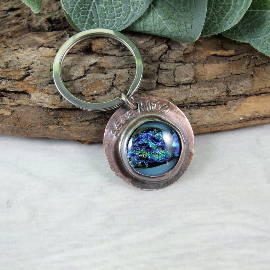 Keyring,  Copper and Dichroic Glass Serenity Sentiment Bag Charm 