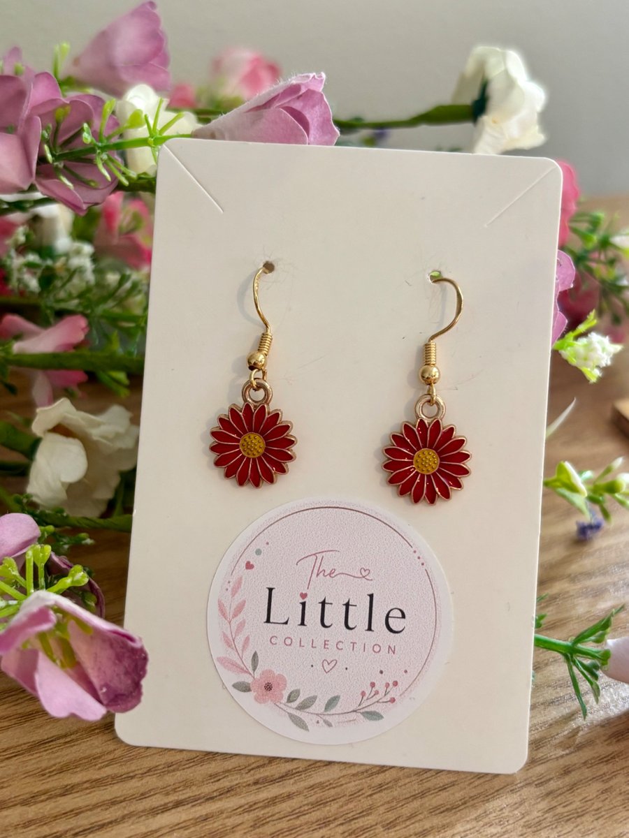 Red Flower Dangle Earrings, Enamel Floral Charms, Handmade Jewellery