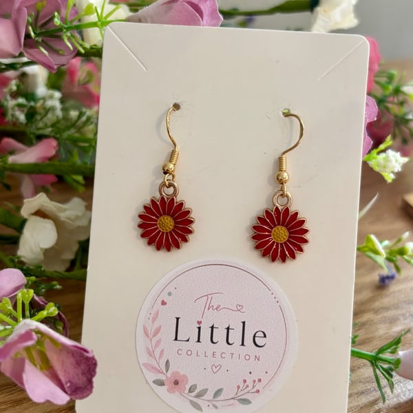 Red Flower Dangle Earrings, Enamel Floral Charms, Handmade Jewellery