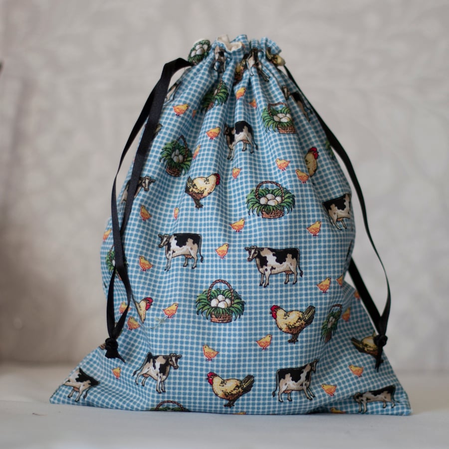 Reusable Lined Cotton Fabric Farm Themed Gift Bag