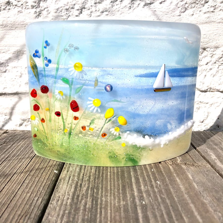 Curved Glass Panel - Sea Scene with Wild Flowers