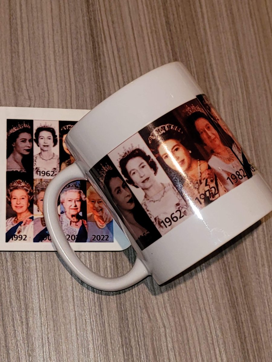 Her Majesty the Queen through the decades mug & coaster . Historical pictures 