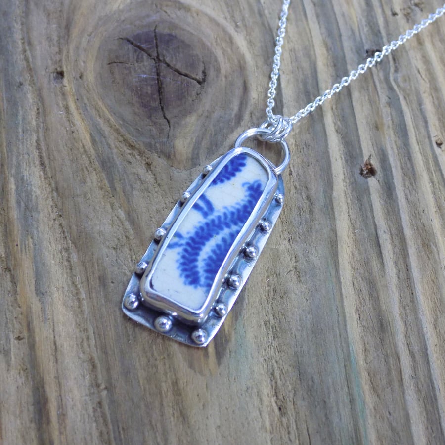 Silver Thames pottery bezel set pendant, boho, hippy, necklace