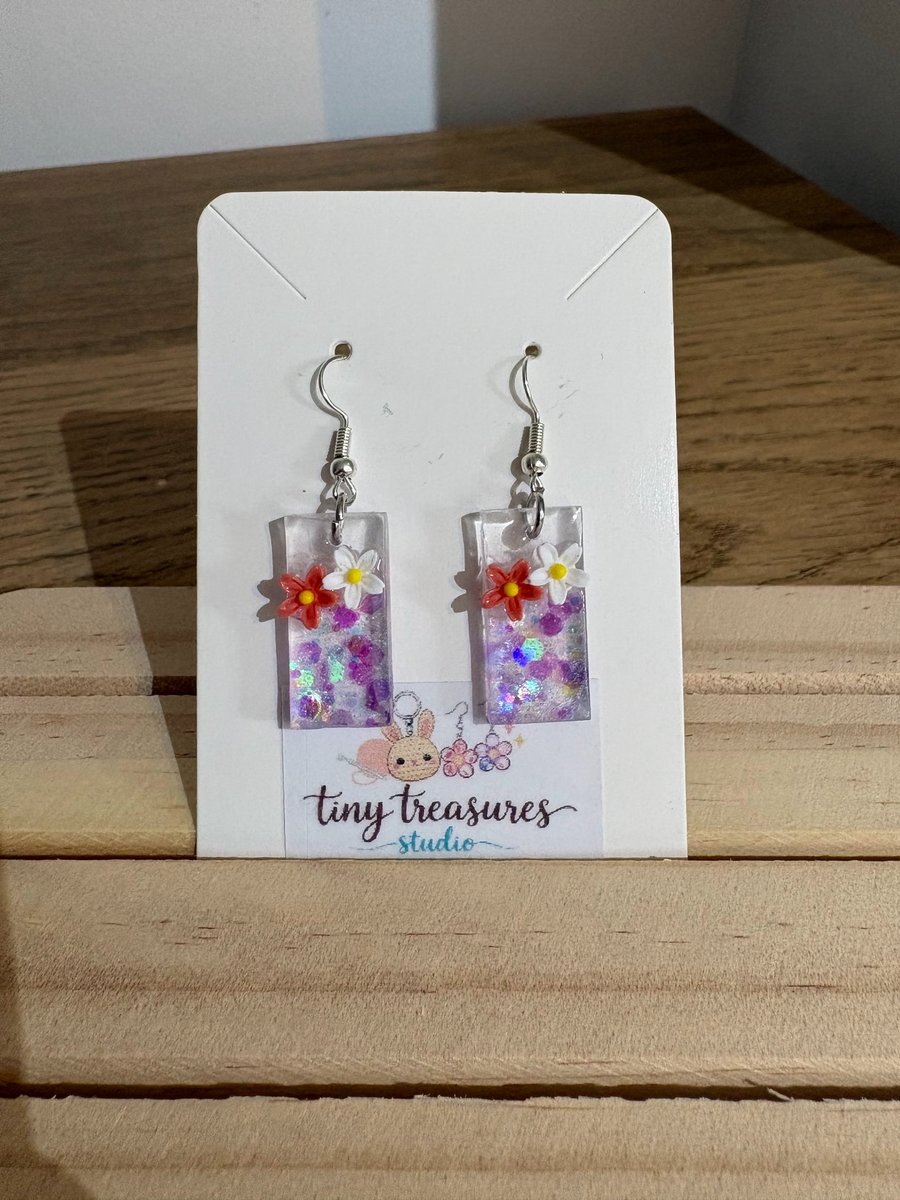 Handmade Purple Ombre Resin Dangle Earrings with Floral Charm Glitter