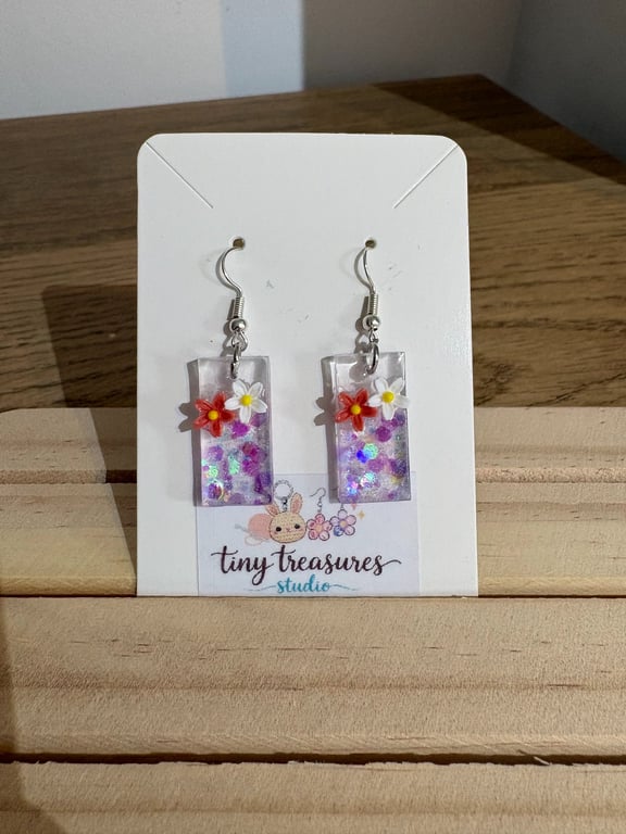 Handmade Purple Ombre Resin Dangle Earrings with Floral Charm Glitter