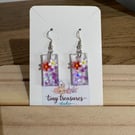 Handmade Purple Ombre Resin Dangle Earrings with Floral Charm Glitter