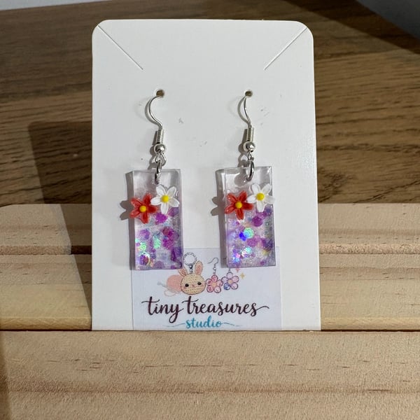 Handmade Purple Ombre Resin Dangle Earrings with Floral Charm Glitter