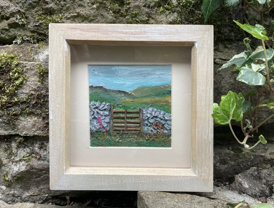 sheep gate with foxgloves: mixed media