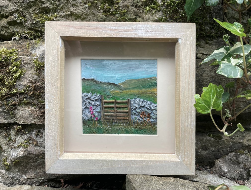 sheep gate with foxgloves: mixed media