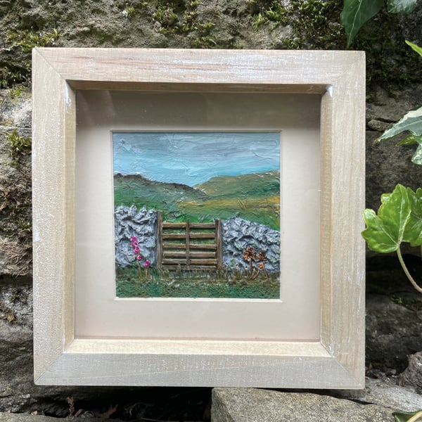 sheep gate with foxgloves: mixed media
