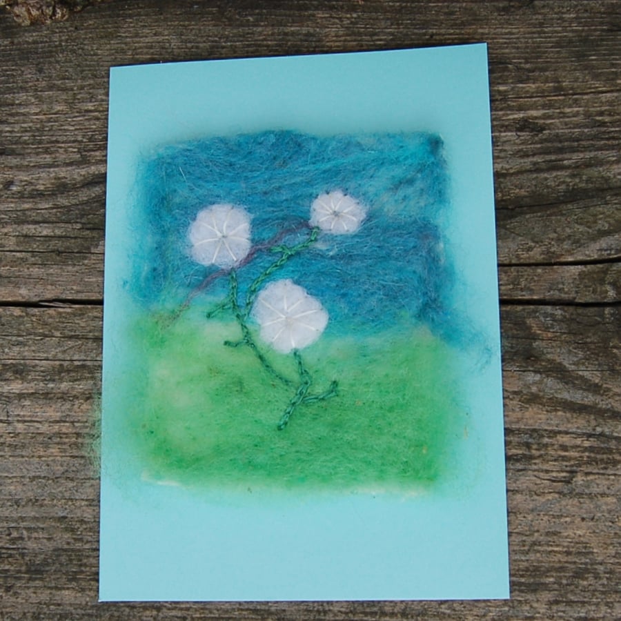 Cow Parsley Hand Stitched Blank Greetings card, Needlefelt wool card