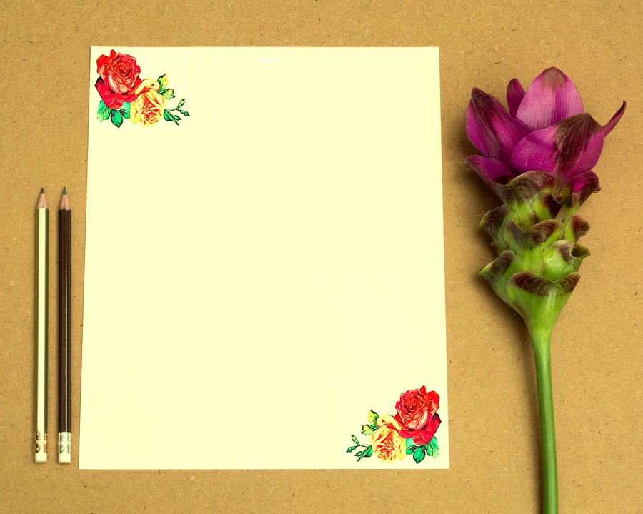 Ideal Gift; Beautiful Peach and Red Rose A5 Writing Paper & Envelopes