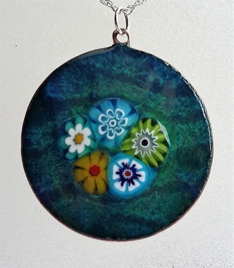 Millefiori flower garden pendant in enamelled copper 109