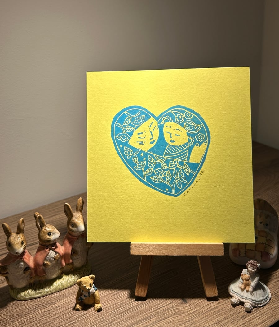 Sweet Heart Lino Print in Yellow and blue.  Mothers Day gift