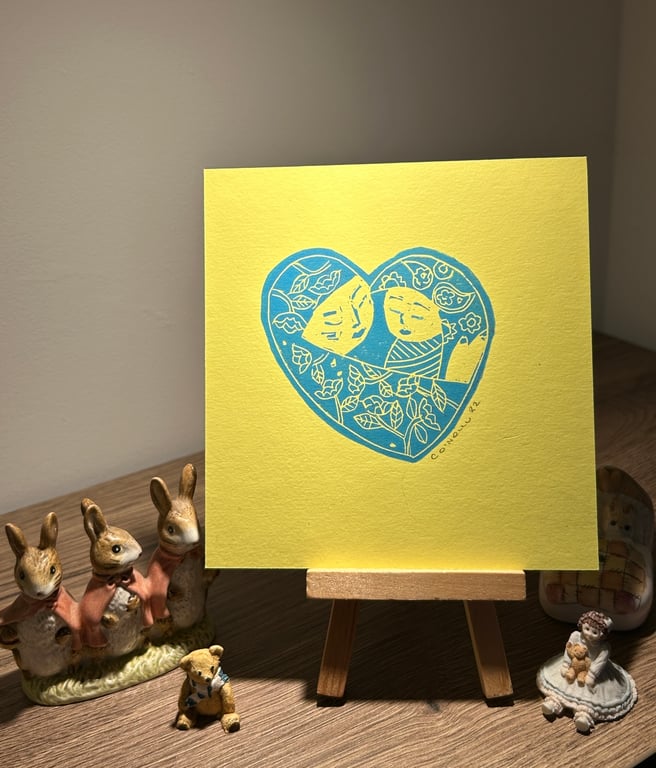 Sweet Heart Lino Print in Yellow and blue.  Mothers Day gift