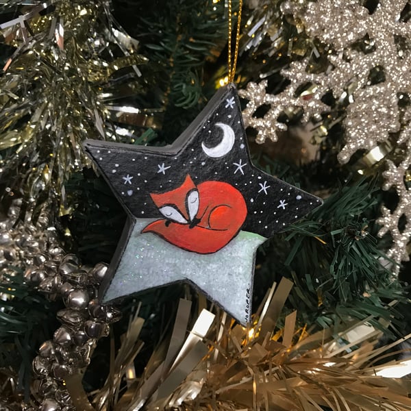 Original Painting Christmas Little sleeping fox star Decoration by Jo Roper