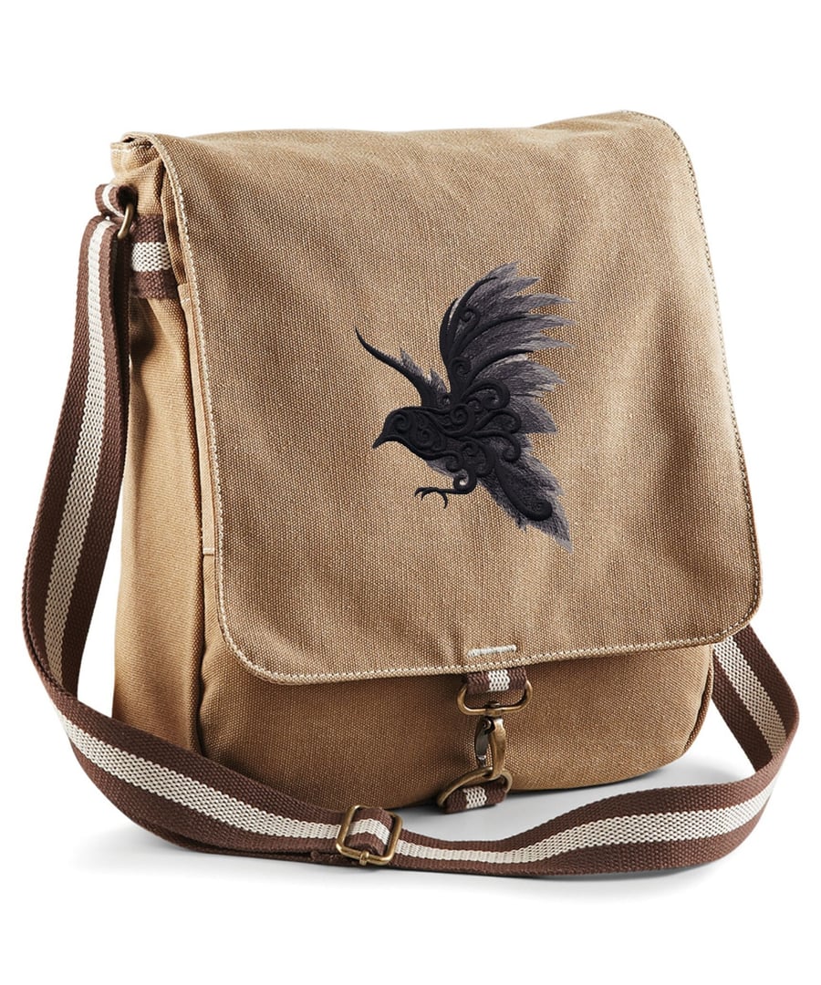 Painted Raven Embroidered Canvas Field Bag