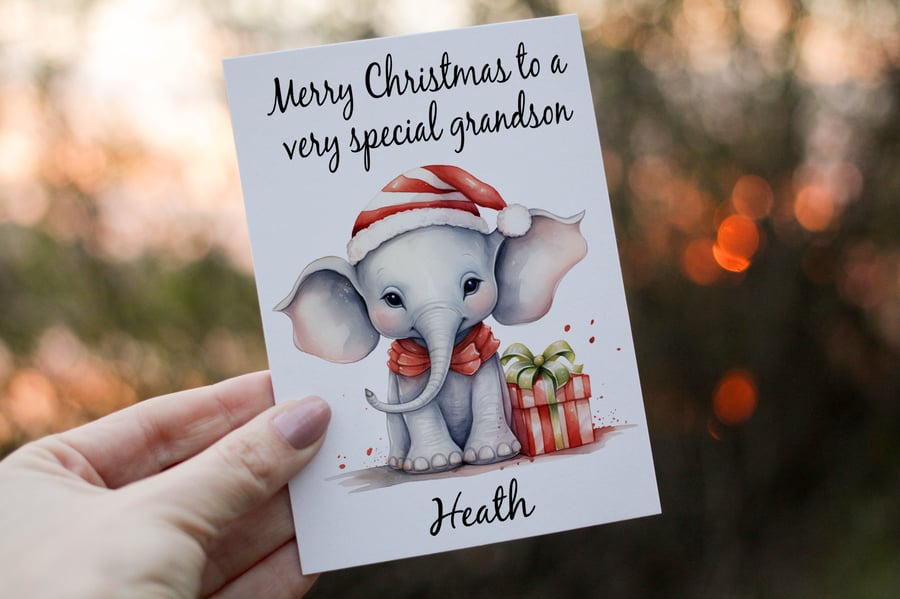 Elephant Christmas Card, Grandson Christmas Card, Personalized Card for Xmas