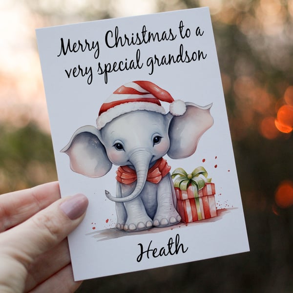 Elephant Christmas Card, Grandson Christmas Card, Personalized Card for Xmas