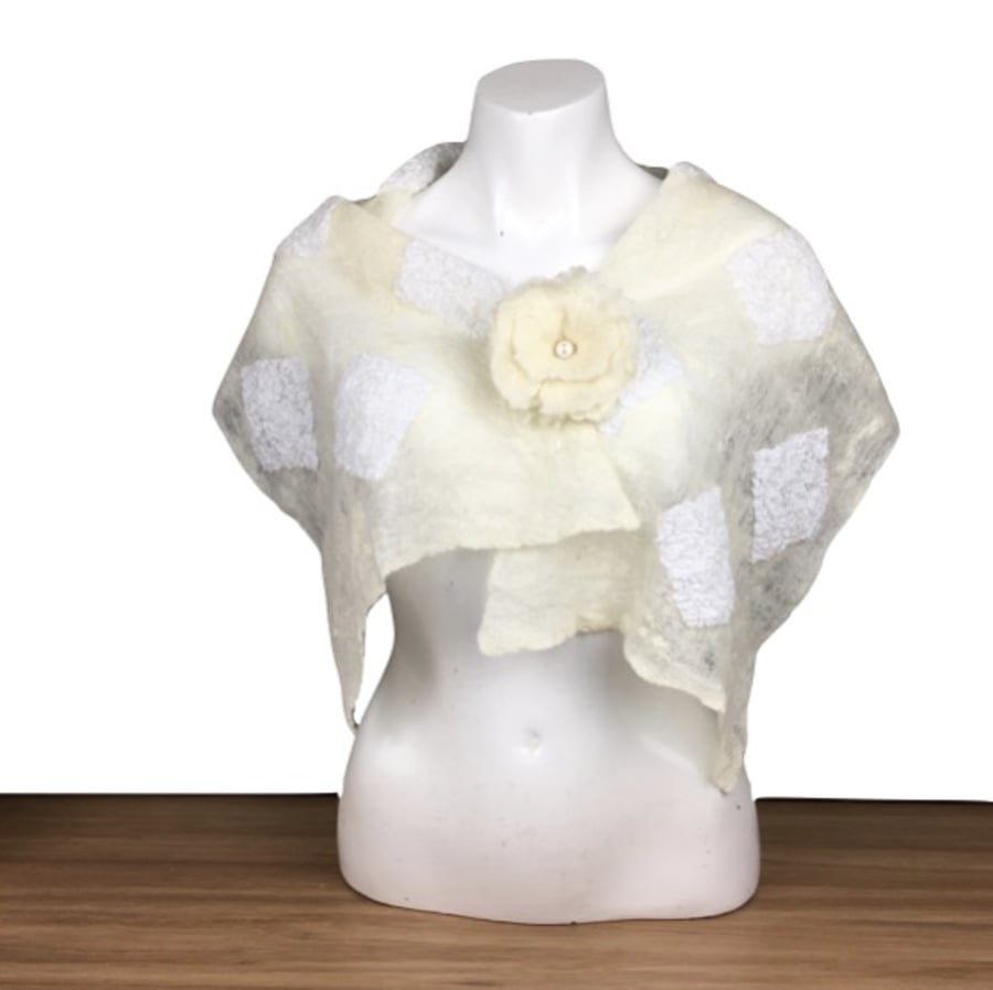 Lightweight felted wedding scarf or shawl, white with lace and floral pin - SALE
