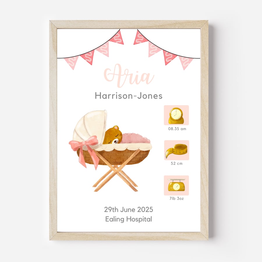 Teddy bear pink nursery wall art print with babys name and birth details