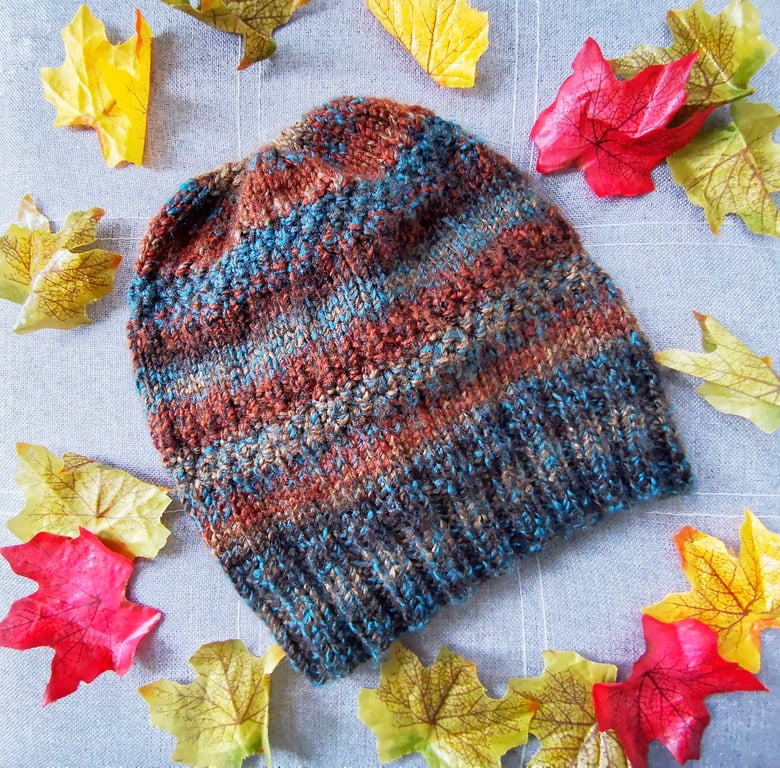 Hand Knitted Striped Beanie Hat in Autumn Colours