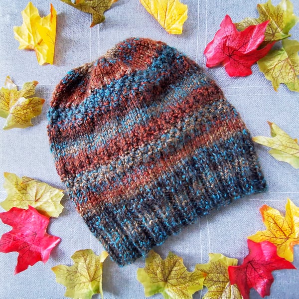 Hand Knitted Striped Beanie Hat in Autumn Colours