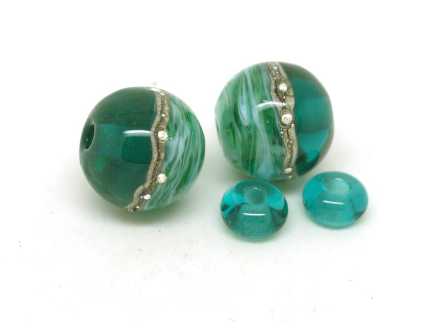 Green Glass Bead Pair - Handmade Lampwork Beads SRA