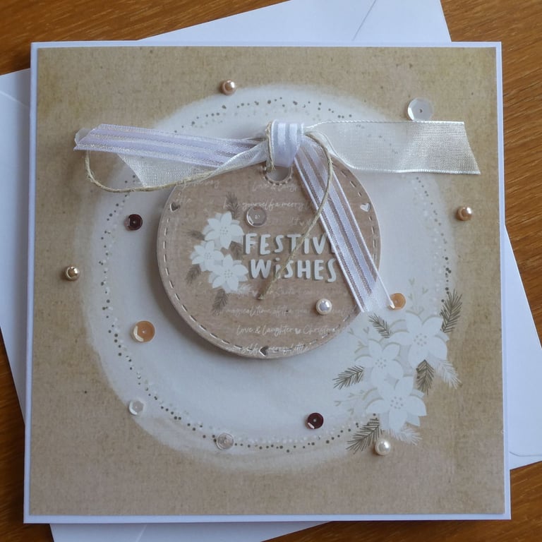 Christmas Card - Wreath With Cream Poinsettias- Festive Wishes