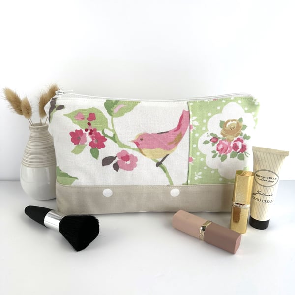 Large Make up Bag with Garden Bird, Flowers and Polka Dots