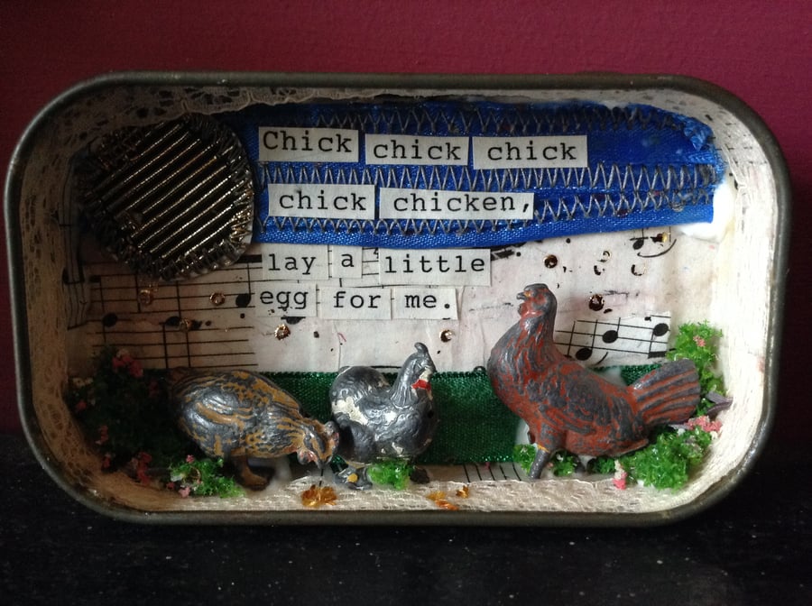 Altered vintage tin.  Chicken, chick, nursery rhyme.  Art, unique, vintage 