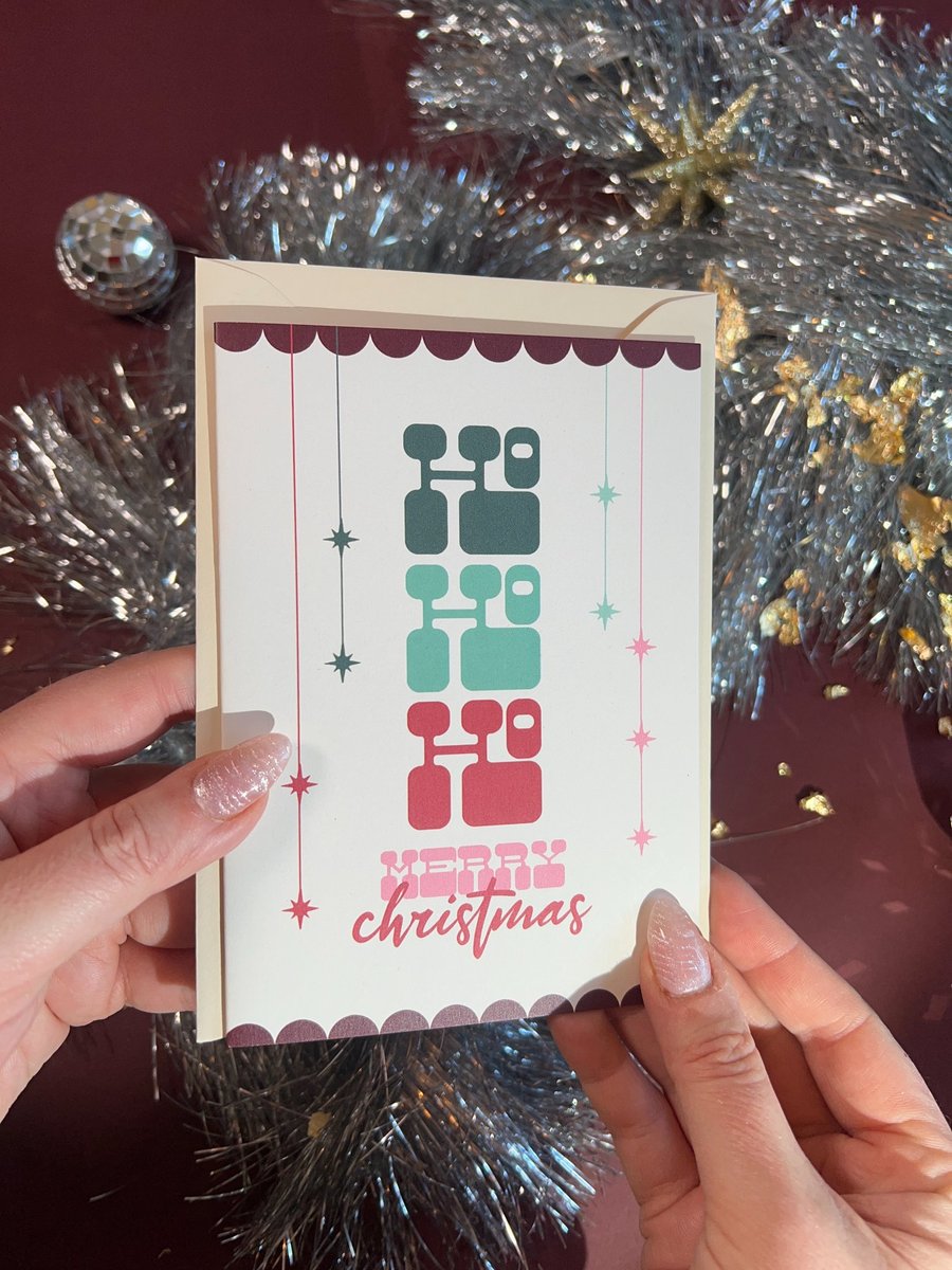 Retro Ho Ho Ho Christmas Card.Mid Century Modern Merry Christmas Card.