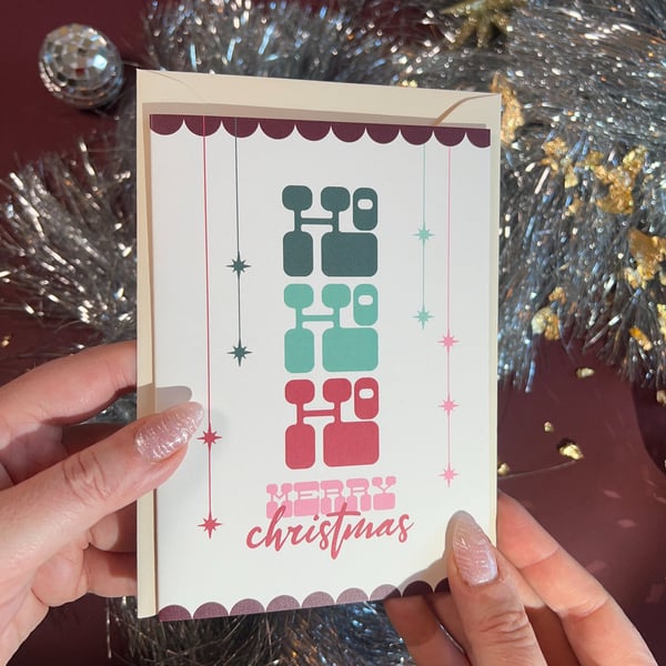 Retro Ho Ho Ho Christmas Card.Mid Century Modern Merry Christmas Card.