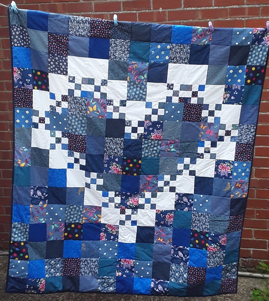 Blue heart patchwork quilt, 100% cotton