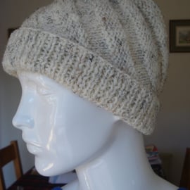 Wool And Acrylic Adult Hand Knitted Aran Hat Cream With Black Flecks (R775)