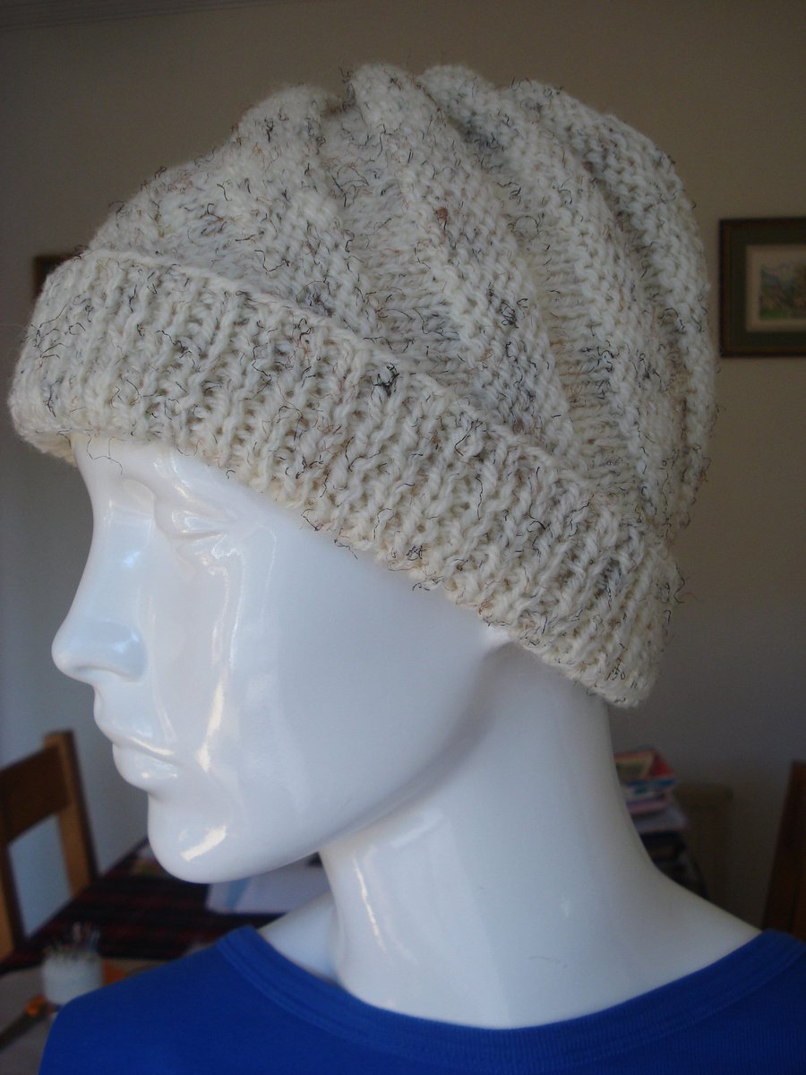 Wool And Acrylic Adult Hand Knitted Aran Hat Cream With Black Flecks (R775)