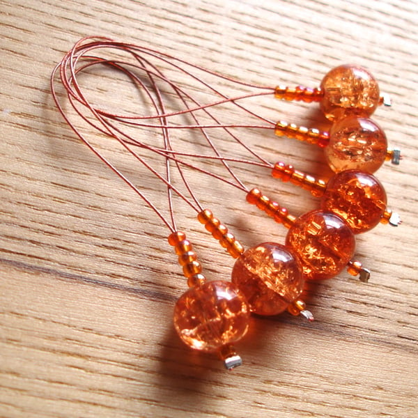 Large Orange Glass Bead Knitting Stitch Markers pack of 6