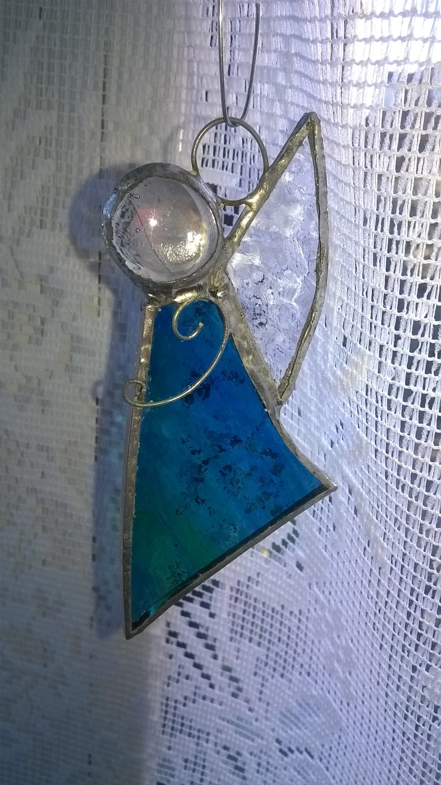 Glass angel suncatcher, ornament or Christmas  decoration - deep turquoise blue