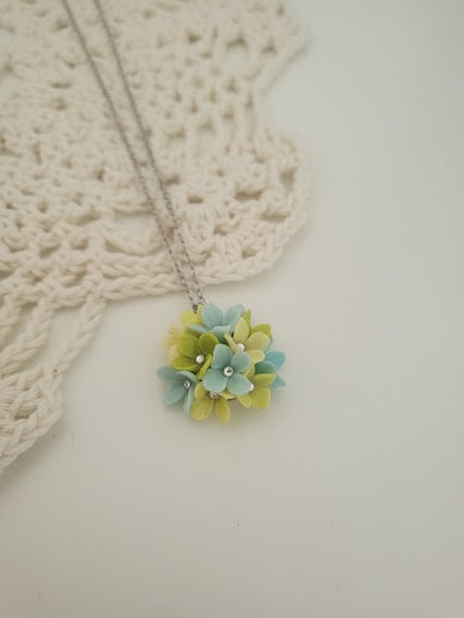 Handmade Hydrangea Polymer Clay Pendant -  Dewdrop Blossom Pendant