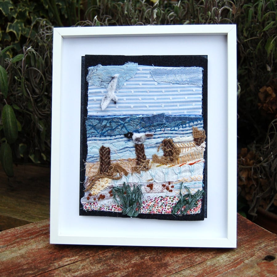 Low Tide - Upcycled  Slow Stitched Textile Art coastal scene. 