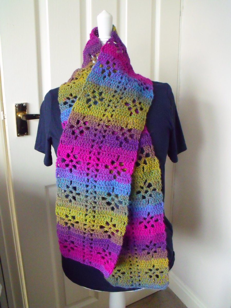 rainbow crocheted floral scarf, multicoloured bright neck warmer