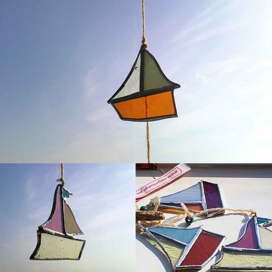 Stained Glass, String of Boats Mobile