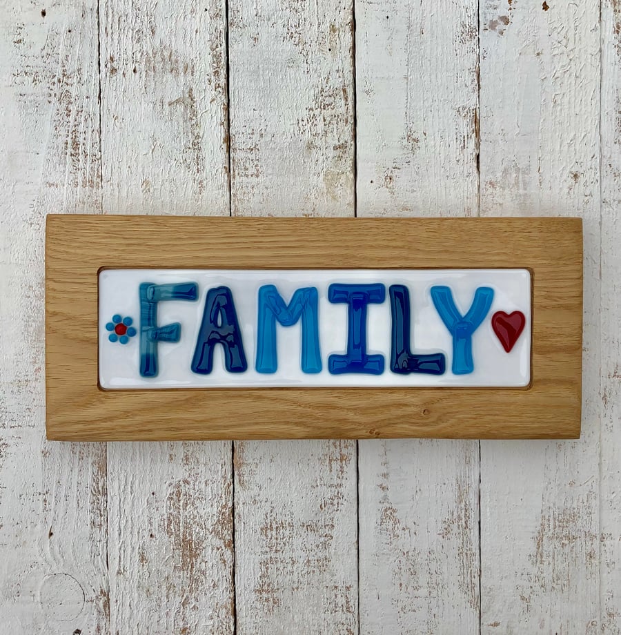 Fused Glass ‘ Family’ Picture in Teal & Turquoise on Oak