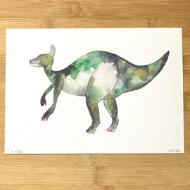 Parasaurolophus dinosaur art print, watercolour galaxy 