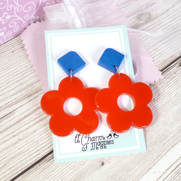 Red flower earrings with blue stud, bright colourful retro resin earrings 