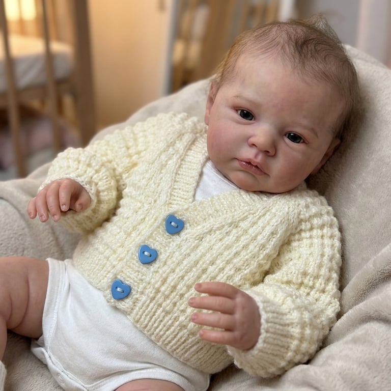 Hand Knitted Cream Baby Cardigan 0-3 Months with Blue Heart Buttons 