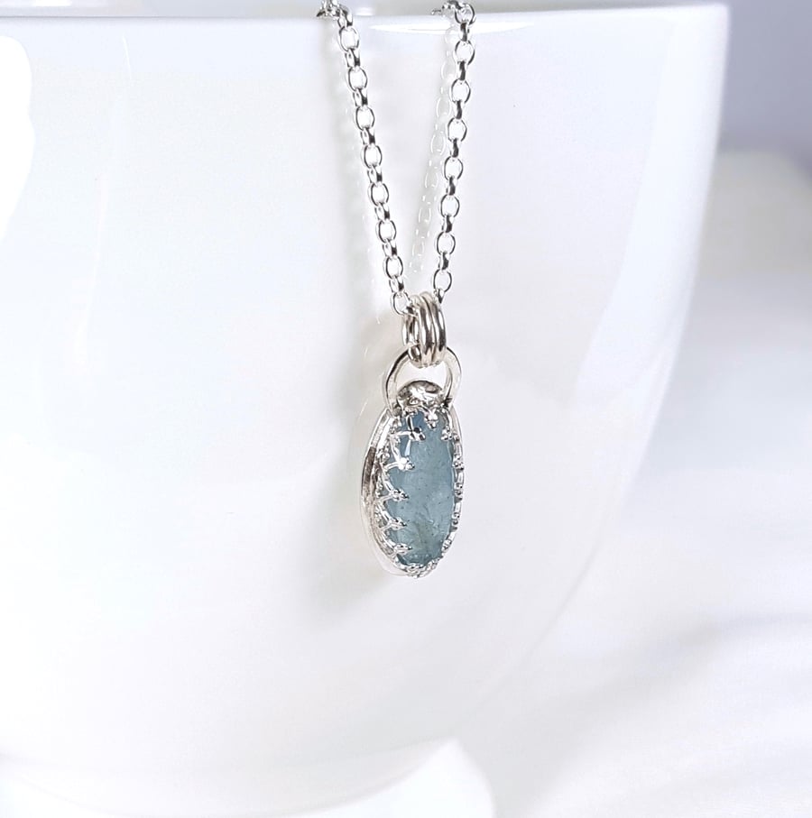 Sterling Silver Aquamarine Necklace, Solid Silver Pendant, Genuine Aquamarine