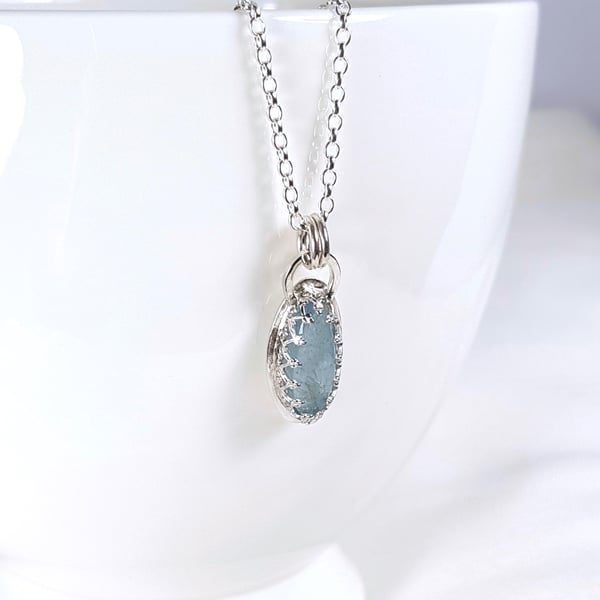 Sterling Silver Aquamarine Necklace, Solid Silver Pendant, Genuine Aquamarine